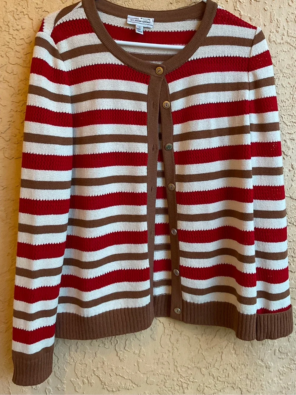 Vintage St. John Sport Striped Wool Blend Cardigan Sweater Red Ivory Camel MED - Picture 4 of 16